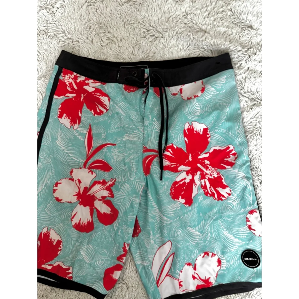 O’Neil 19 Inch Mens Fluoro BoardShorts Teal and Hawaiian Hibiscus Florals Sz 29